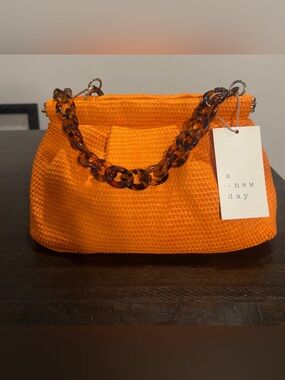 NWT- a new day Orange Woven Shoulder Bag with Tortoiseshell Chain
